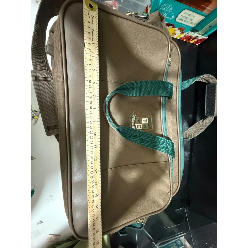 Perry Ellis America Vintage Duffle Bag Tan Green Canvas Travel Weekender Crest